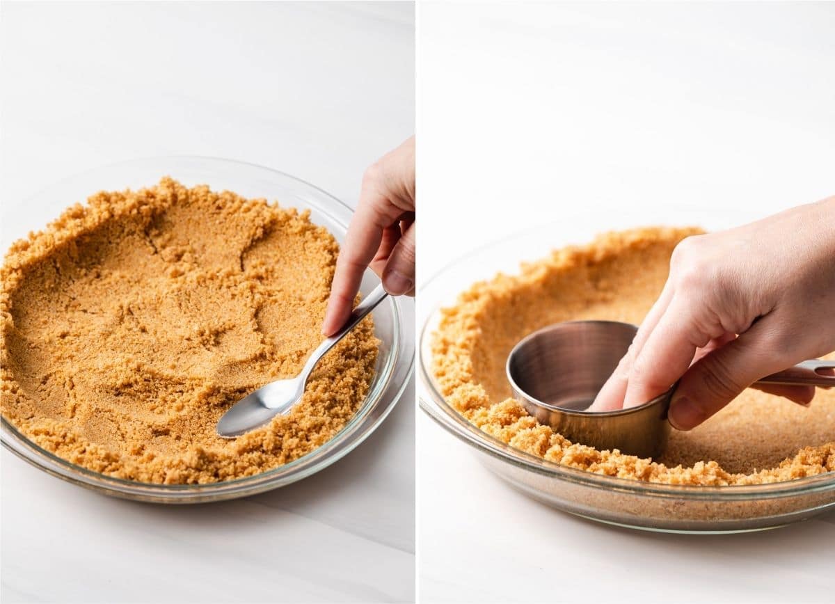 spreading graham cracker crumbs in pie plate with spoon and pressing crumbs in with a measuring cup