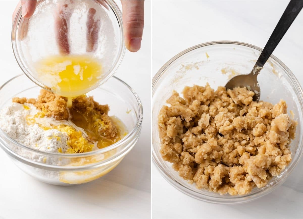 butter poured into flour, sugar, and lemon zest next to bowl of streusel topping