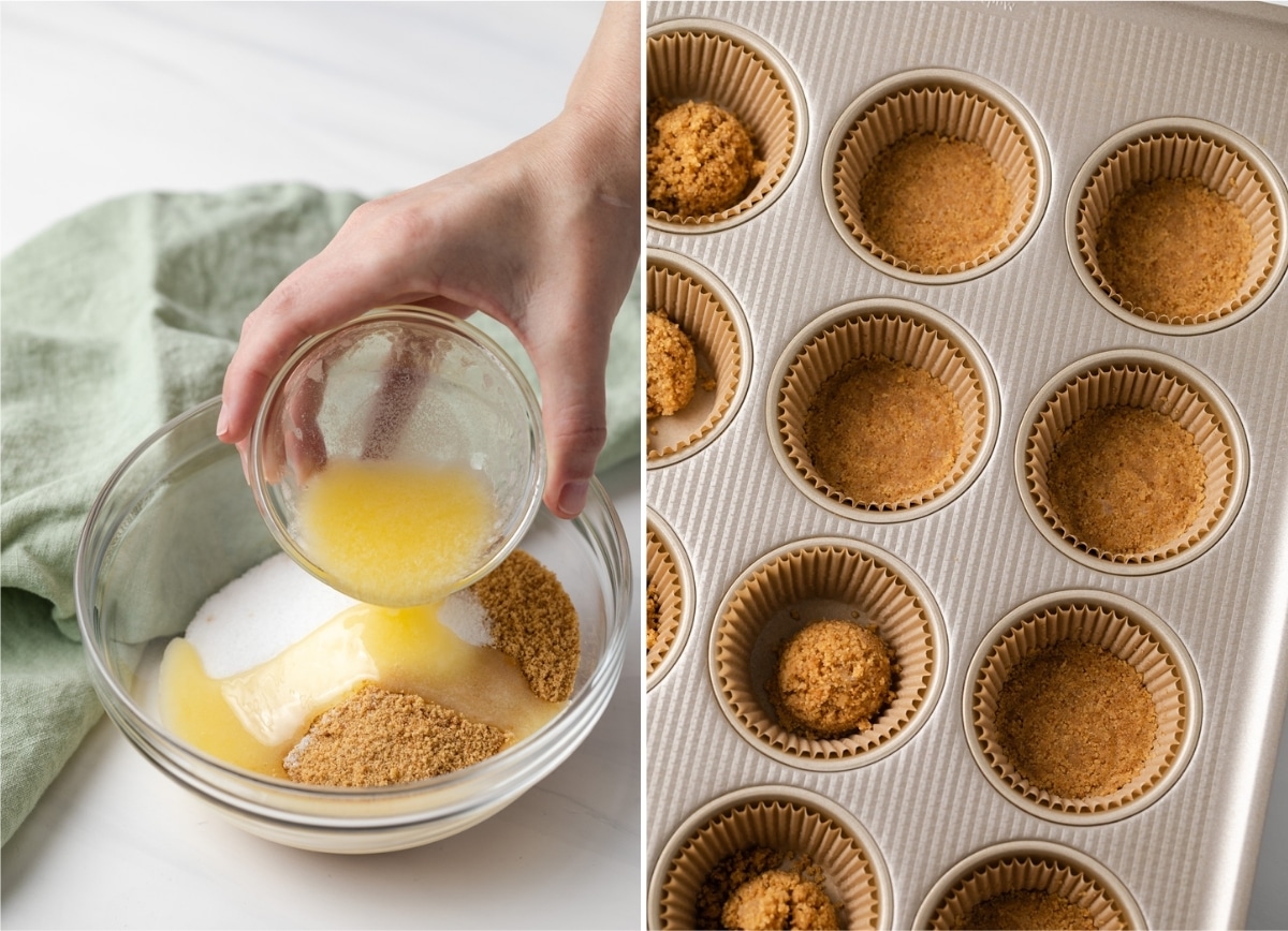 process shots showing graham crackers and sugar combined with butter then pressed into muffin pan lined with paper liners