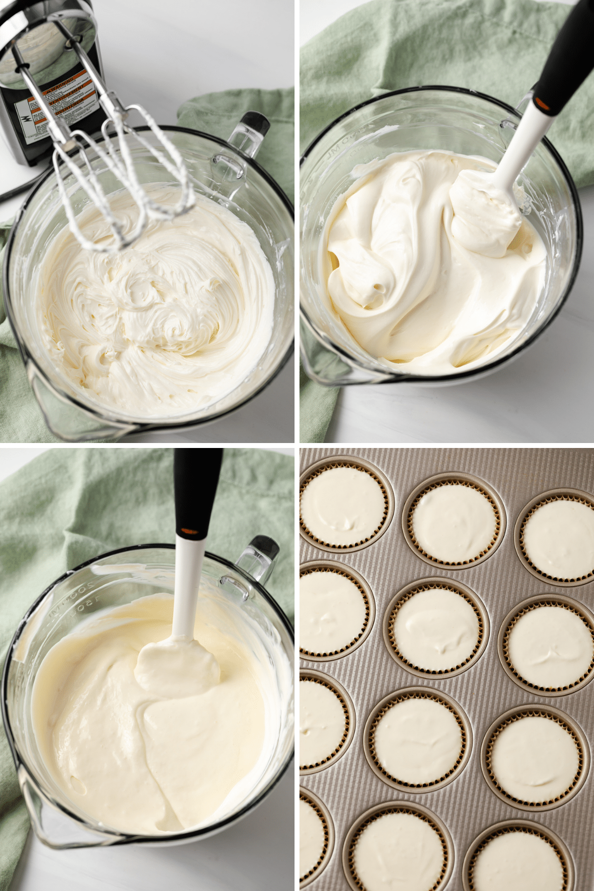 process shots showing cheesecake filling being mixed in glass bowl then portioned into muffin pan liked with paper liners