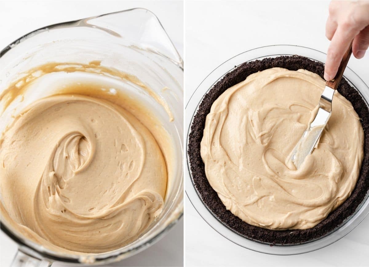 peanut butter pie filling in glass bowl next to filling being spread in a chocolate cookie pie crust
