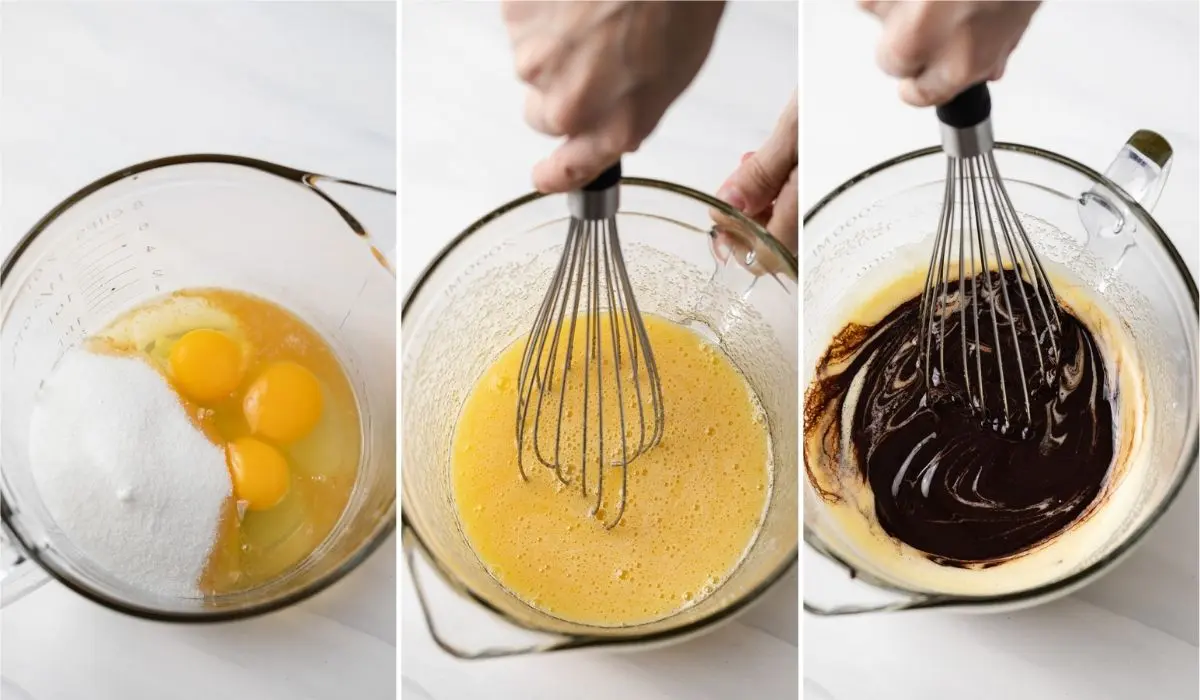 process shots showing eggs and sugar whisked together in glass bowl then melted chocolate being whisked in