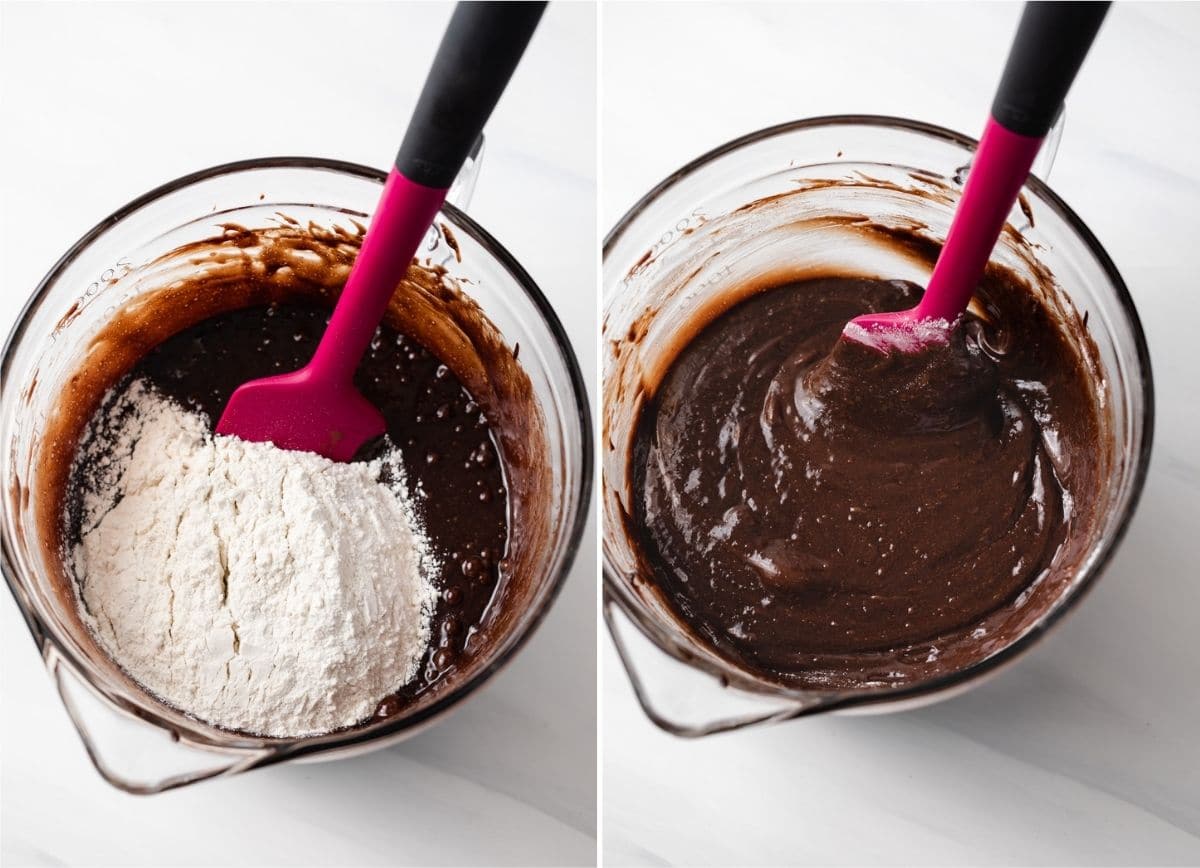 Process shots showing flour added to chocolate mixture and mixed with silicone spatula until smooth