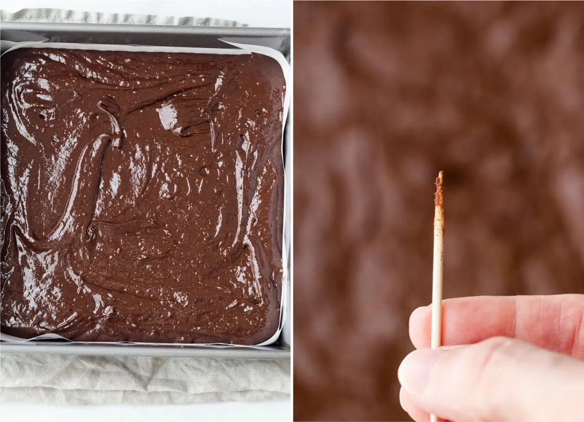 unbaked brownies in pan and toothpick with brownie crumbs attached