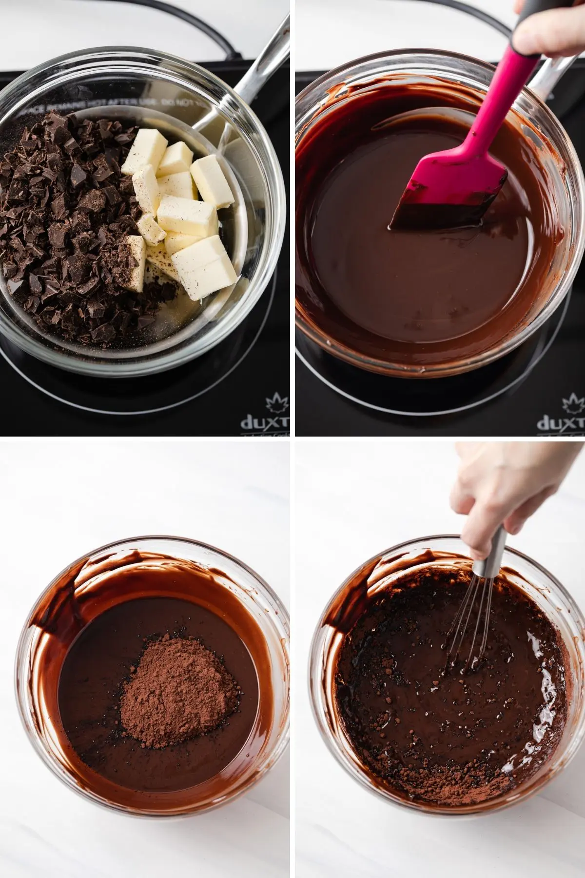 process shots showing chocolate and butter melted in a glass bowl set over a pot of water then stirring in cocoa powder