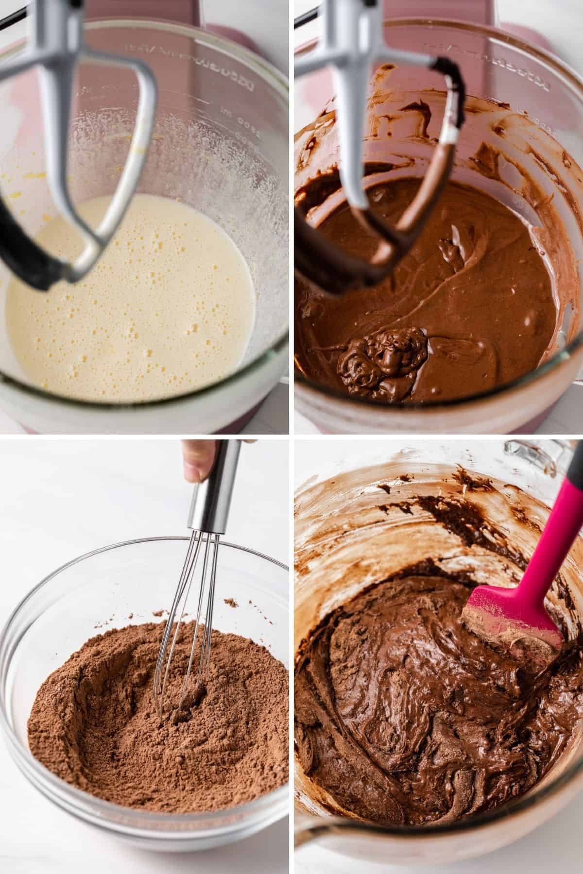 eggs beaten with sugar in stand mixer, chocolate added to egg mixture, dry ingredients stirred together with whisk in glass bowl, and thick chocolate cookie dough in glass bowl with pink spatula