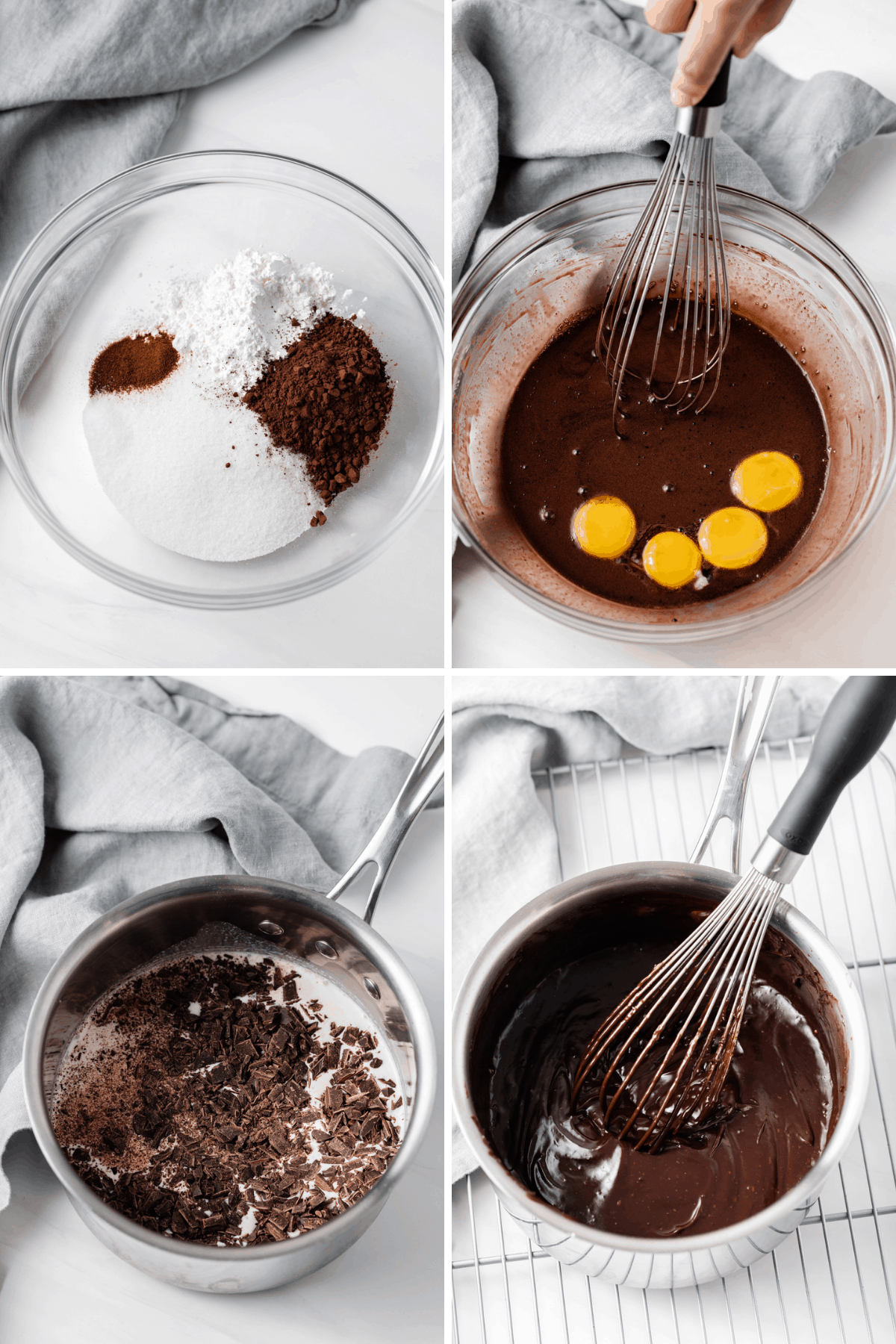 dry ingredients in glass bowl, chocolate with eggs in glass bowl, chopped chocolate in pot with milk, and chocolate pudding in pot with whisk