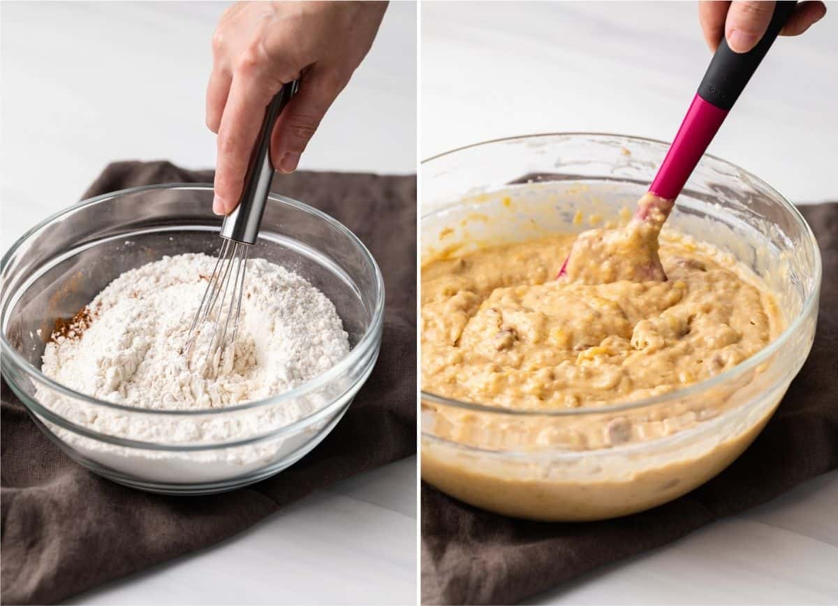 dry ingredients whisked together in bowl next to cake batter fully mixed in glass bowl