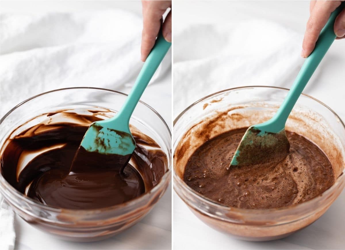 melted chocolate in glass bowl with aqua colored spatula next to lava cake batter in glass bowl
