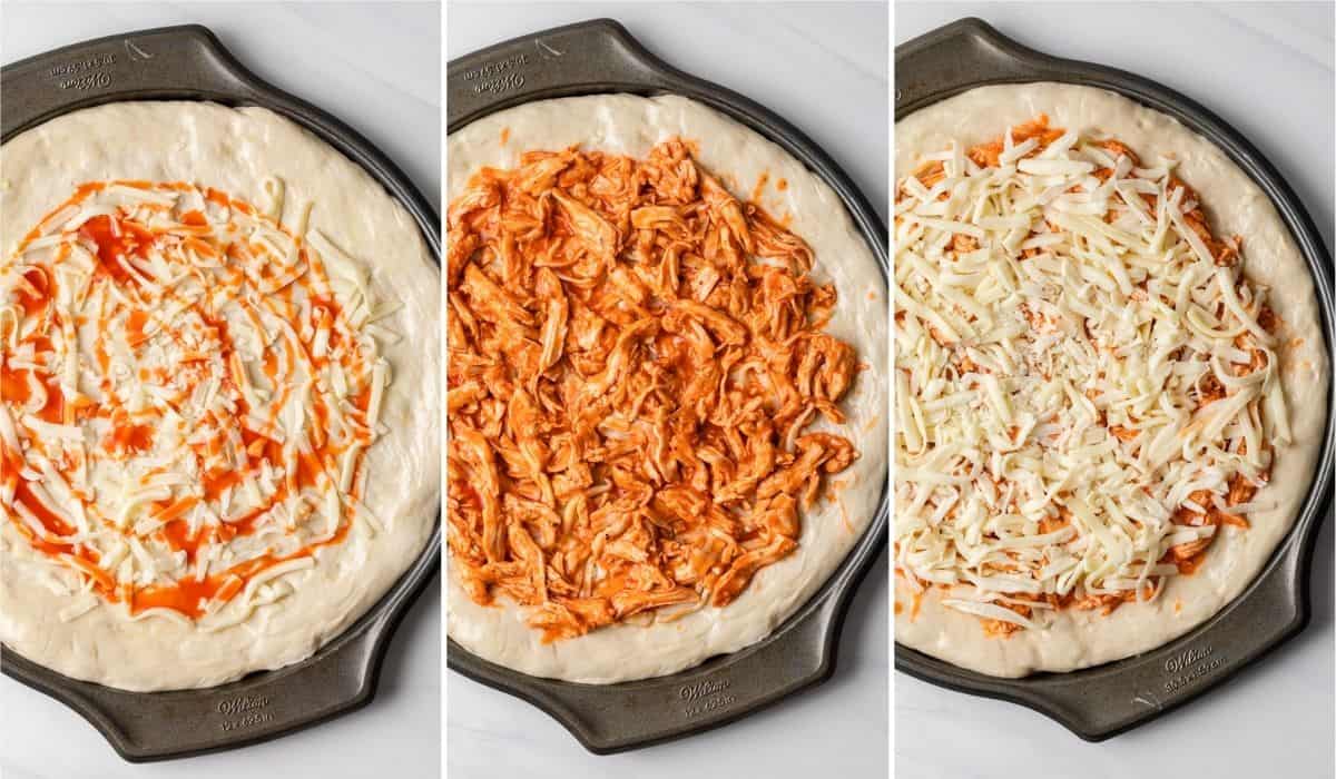 dough on pizza pan topped with hot sauce and cheese, then layered with buffalo chicken, then topped with more cheese