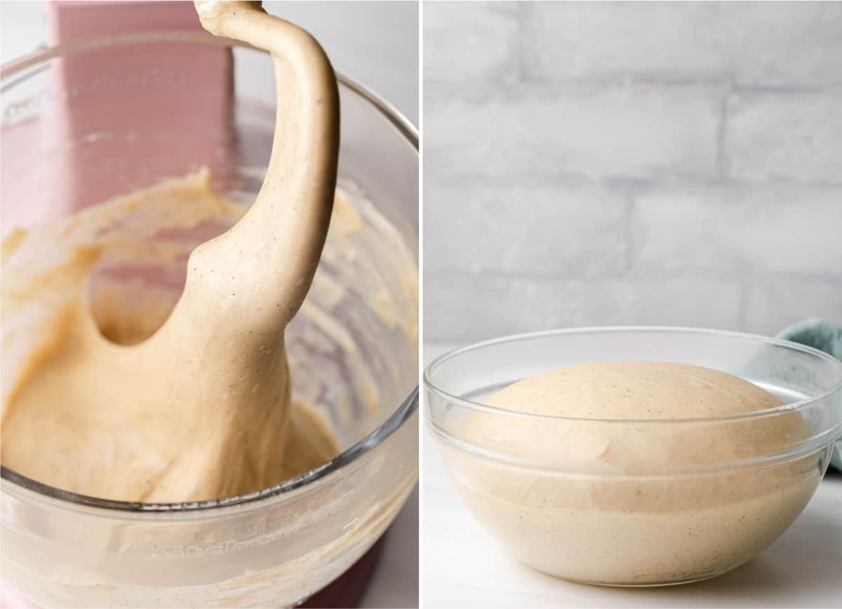 dough in the bowl of a stand mixer with dough hook next to dough risen in a glass bowl