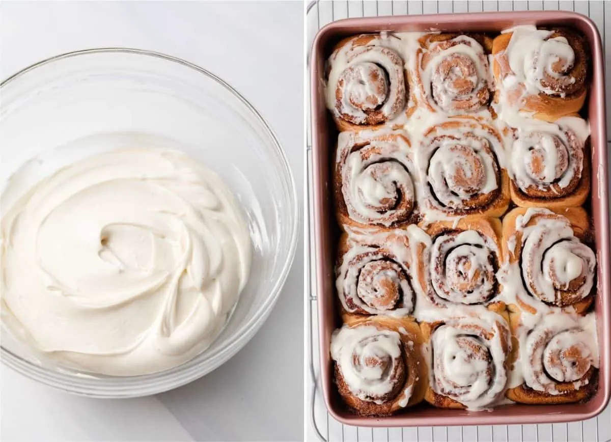 cinnamon roll icing in a bowl on the left and iced cinnamon rolls in a pink baking pan on the right