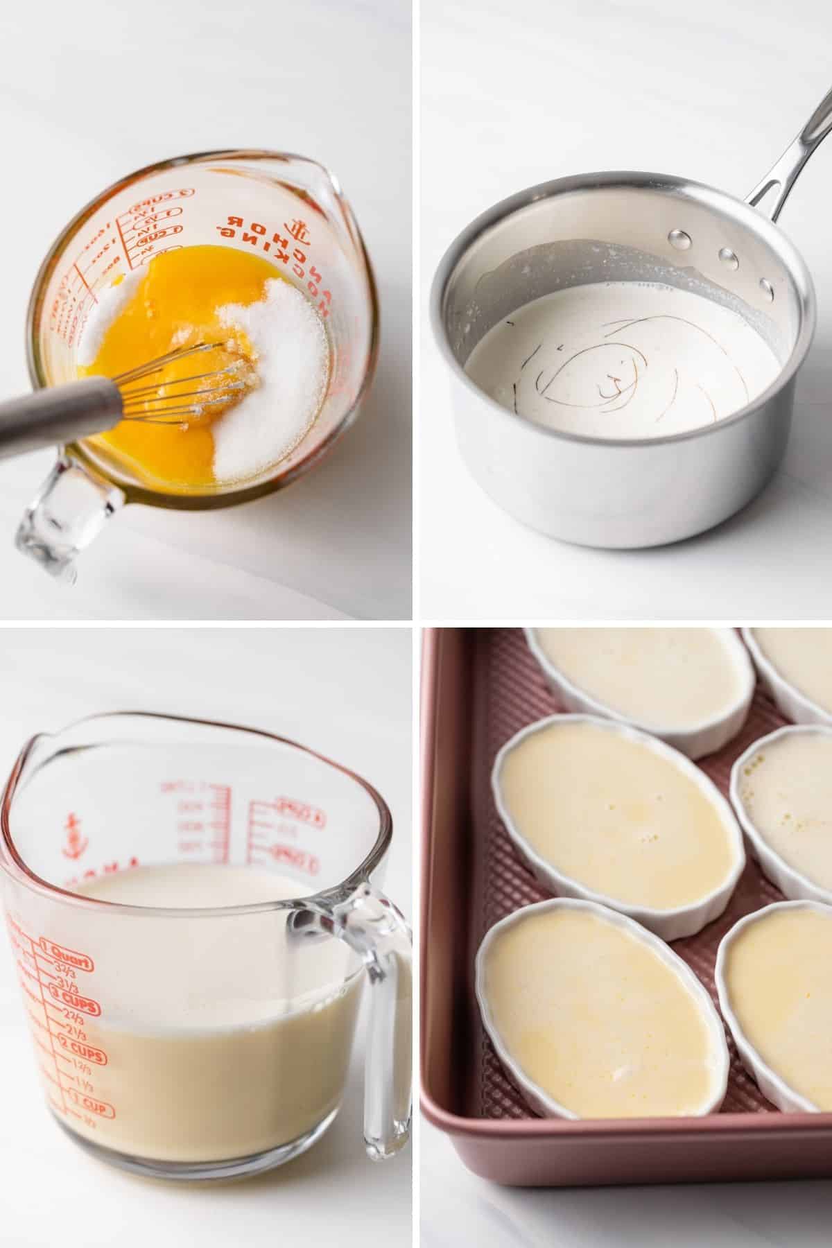 egg yolks and sugar in glass measuring cup with whisk, pot full of milk and cream, custard mixture in a glass measuring cup, and ramekins filled with custard in a pink baking pan