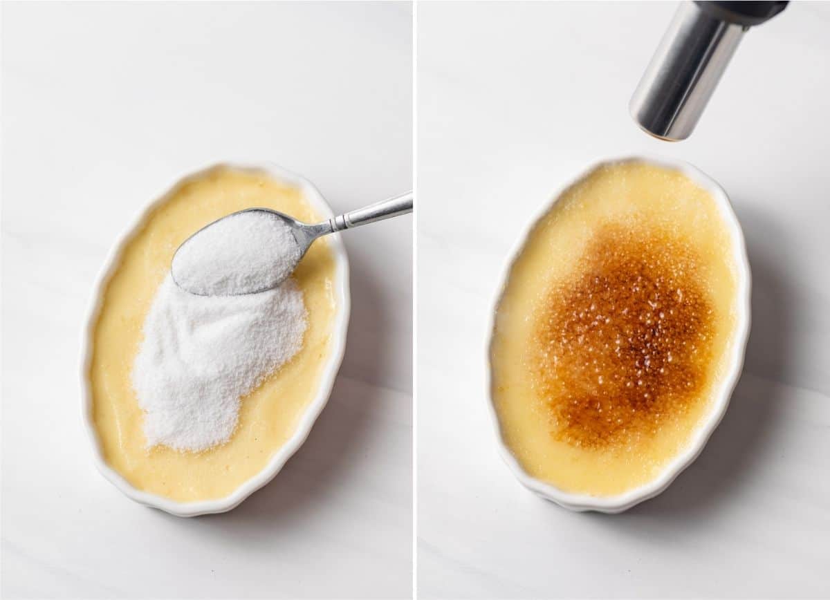 a spoon spreading sugar over the top of baked custard in a ramekin and a torch caramelizing the sugar 