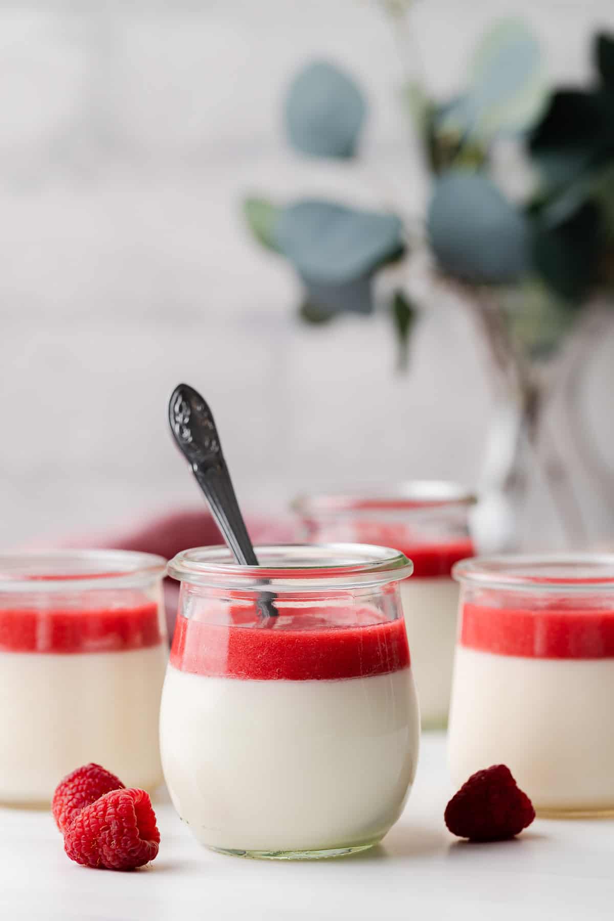 front view of four jars of panna cotta topped with raspberry sauce, a spoon in the front jar, fresh raspberries scattered on tabletop and eucalyptus in a vase in the back ground
