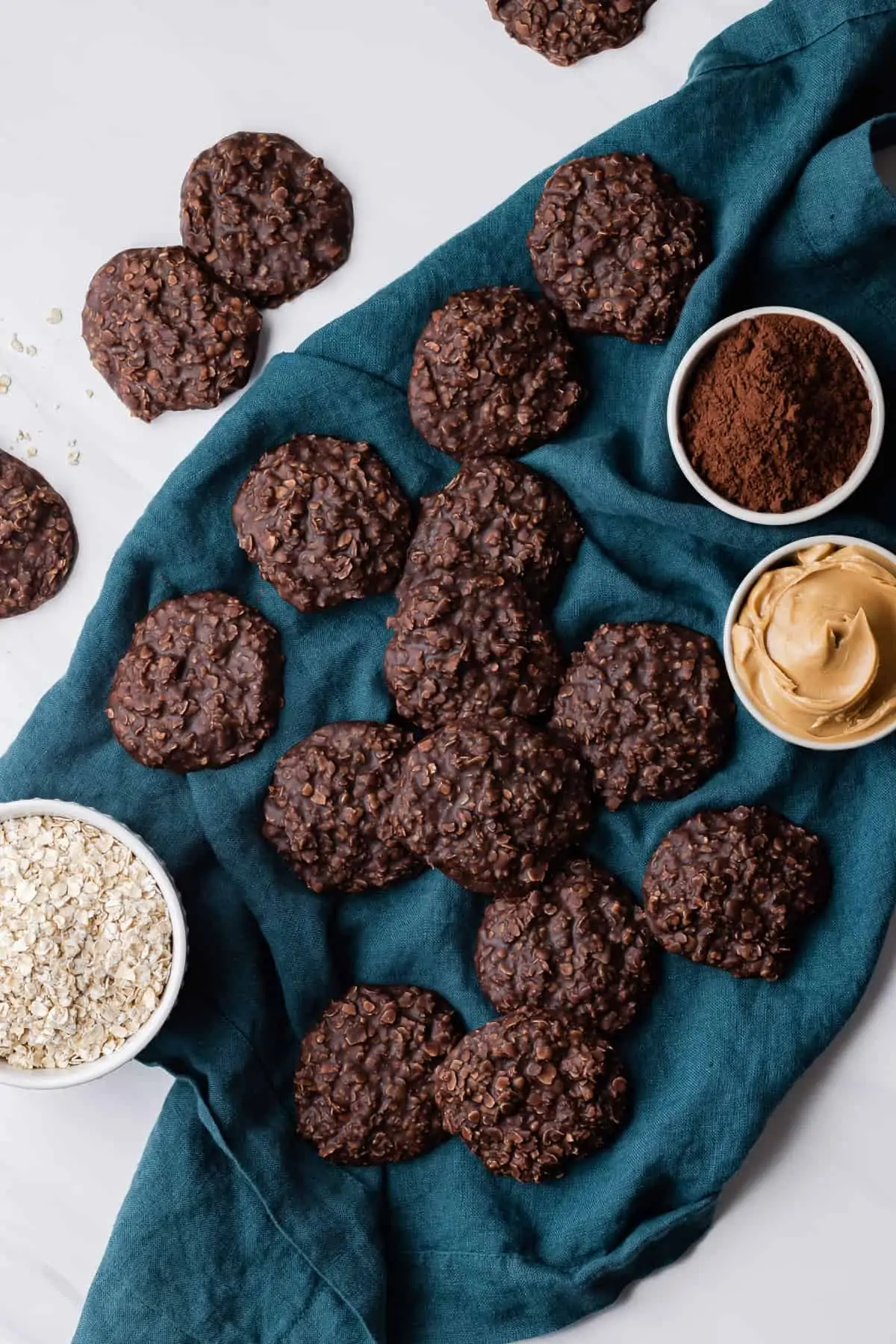 Classic no bake cookies with peanut butter, chocolate, and oats.