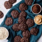 Classic no bake cookies with peanut butter, chocolate, and oats.