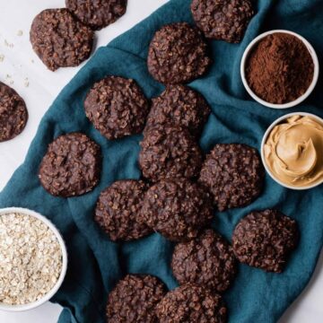 Classic no bake cookies with peanut butter, chocolate, and oats.