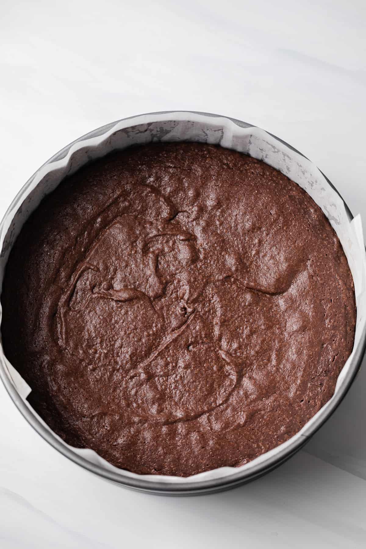 Baked brownie in a pan.