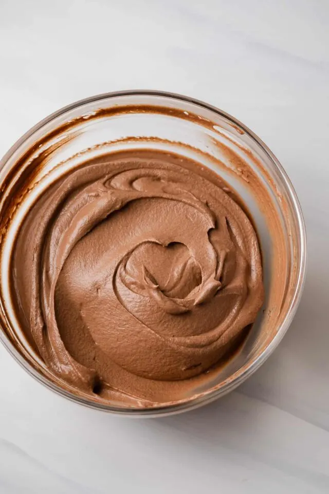 Chocolate mousse in glass bowl.