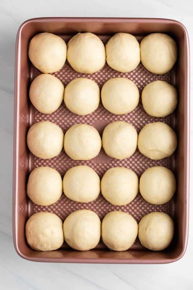 Yeast dough shaped into rolls on a baking sheet