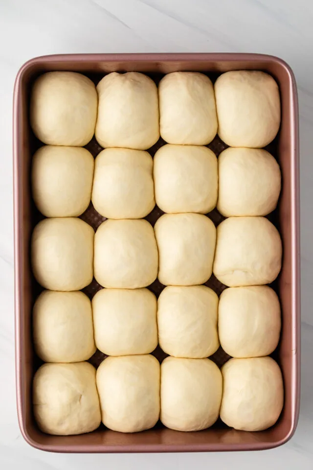 Yeast dinner rolls that have risen and are ready to be baked