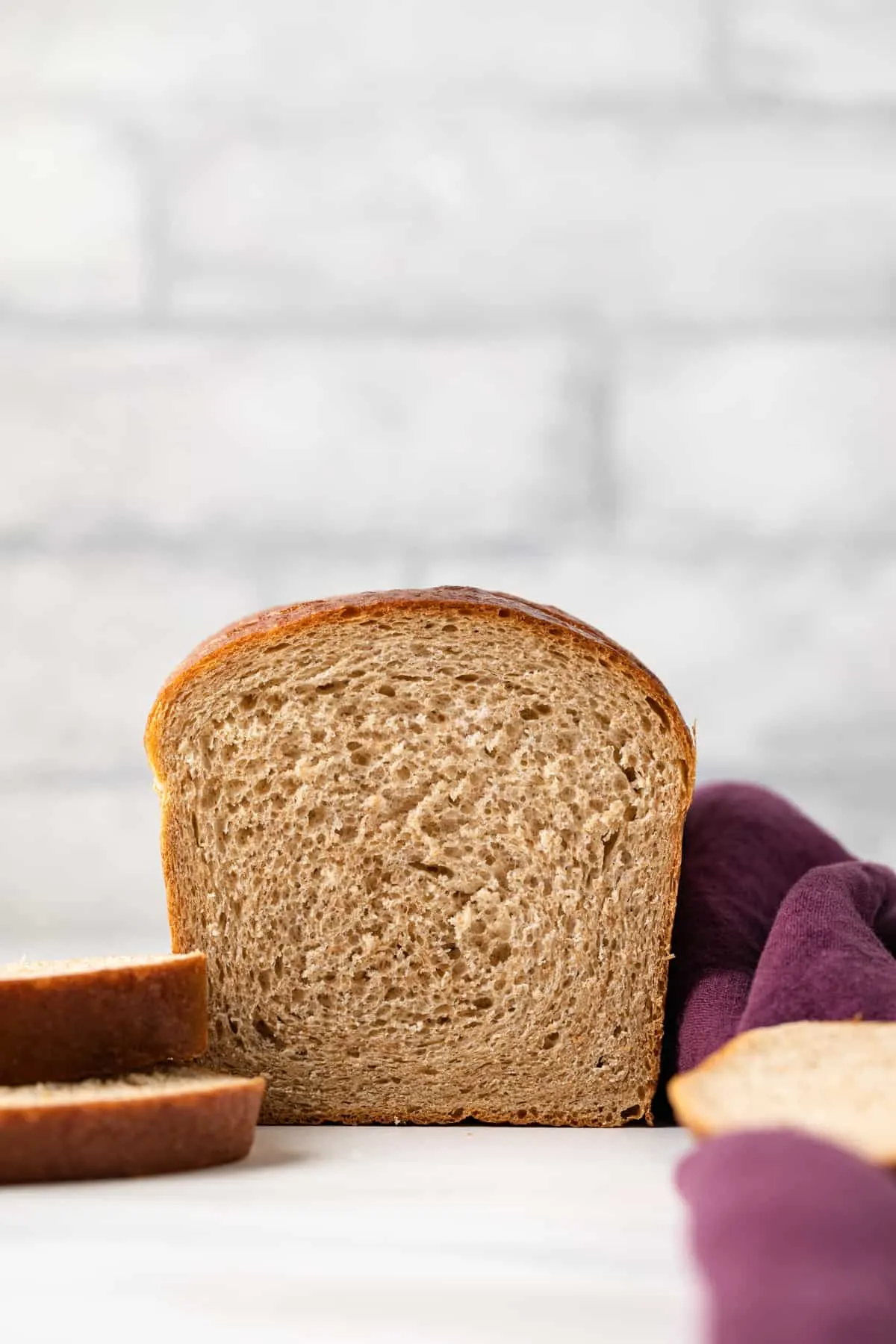 Front view of a loaf of whole wheat bread