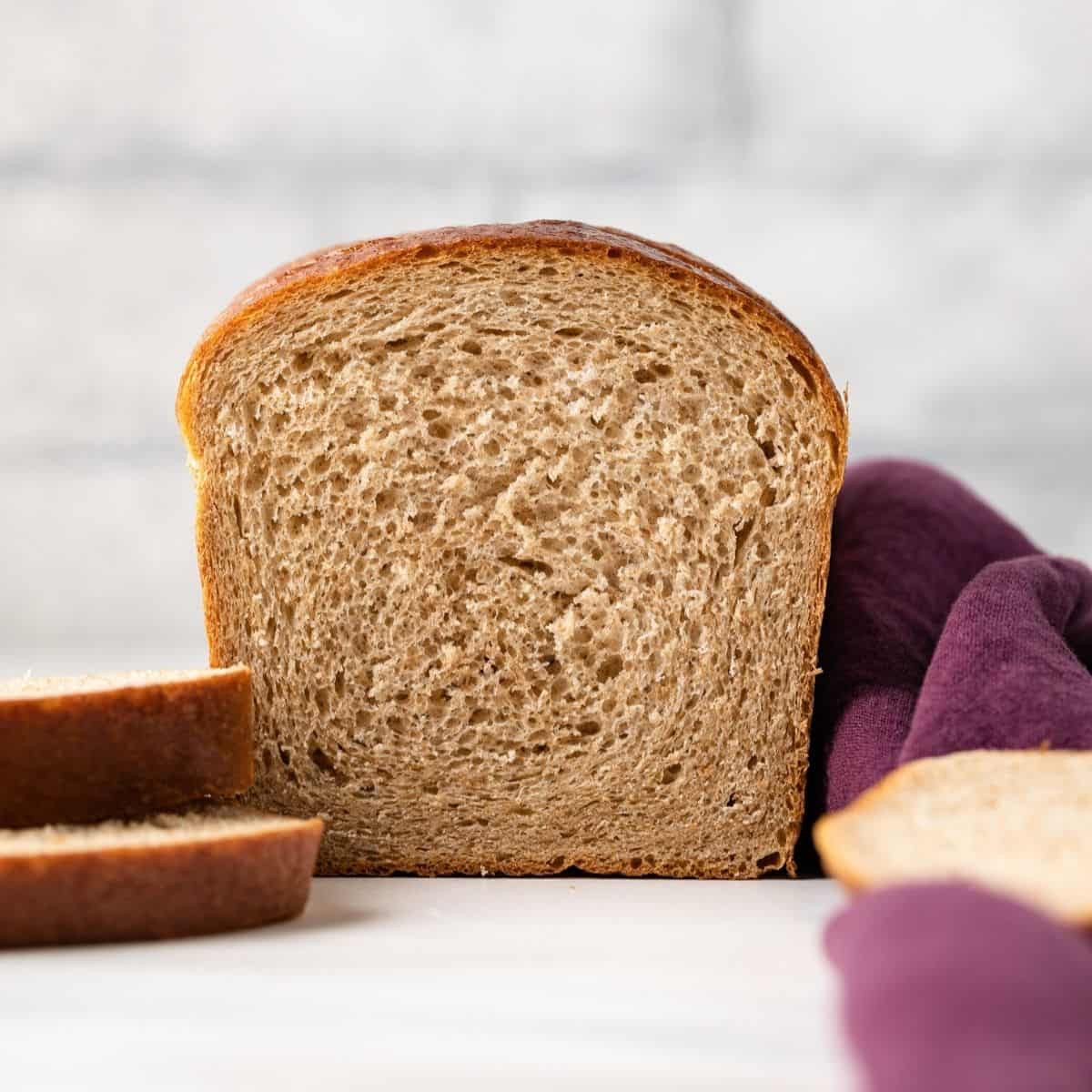 Front view of a loaf of whole wheat bread