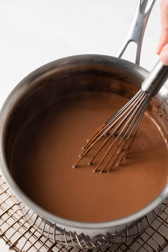 Chocolate custard in saucepan.