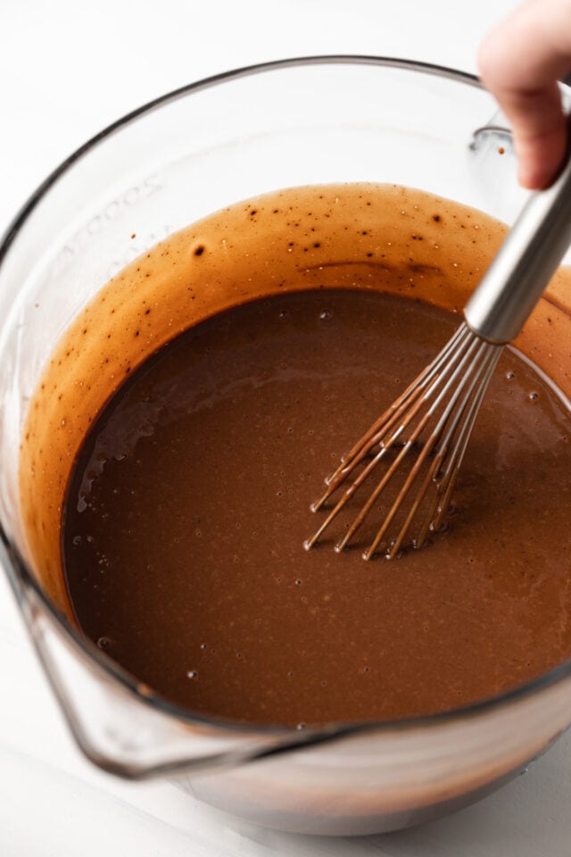 Chocolate custard for creme brulee in glass bowl.