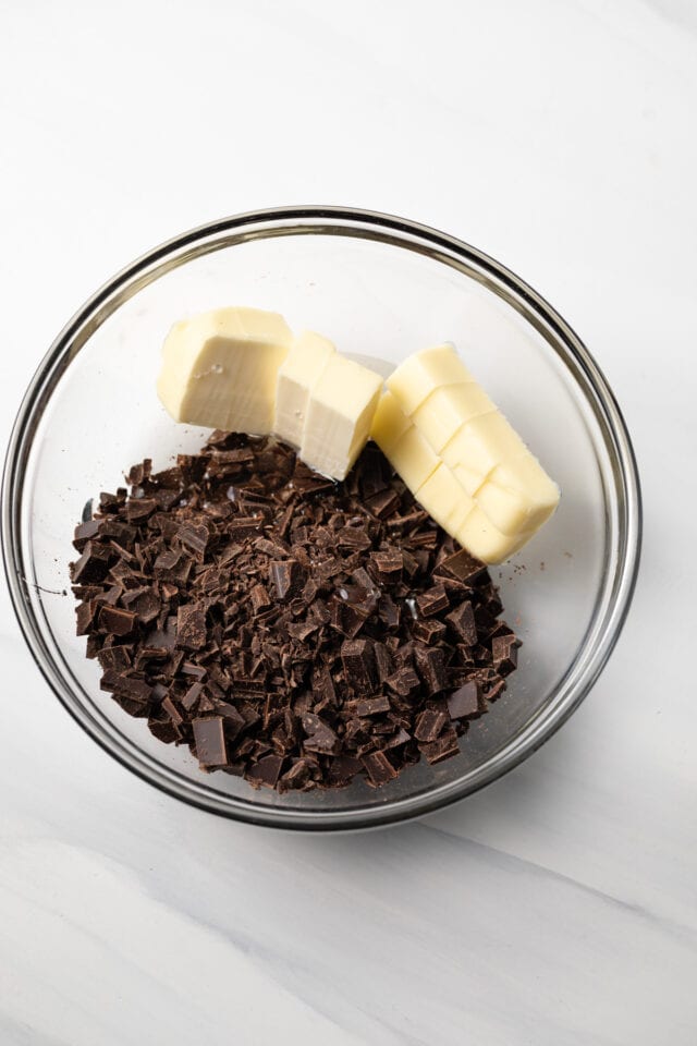 Chocolate and butter in glass bowl.