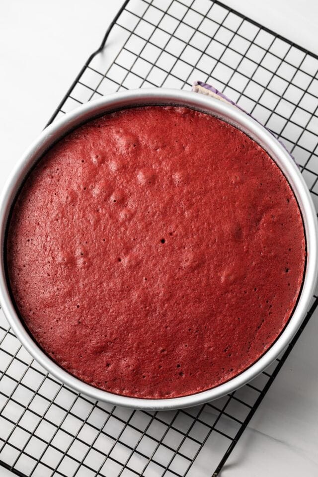 Red velvet cake layer in round baking pan.