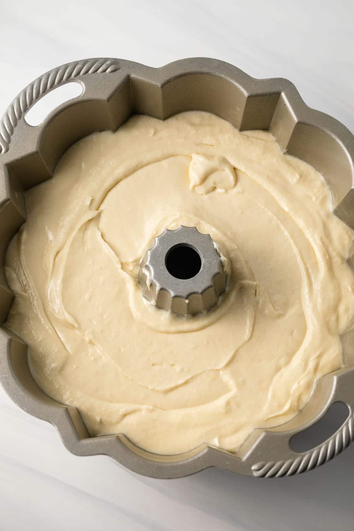 Pound cake batter in bundt pan.