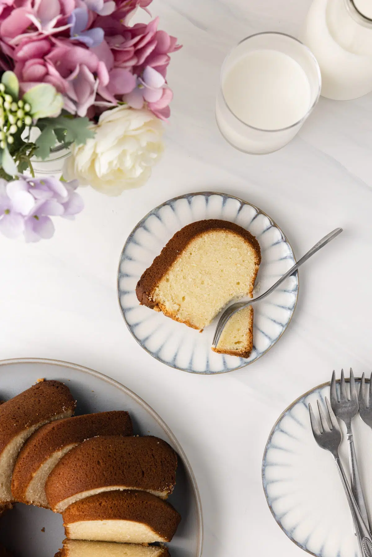 Overhead of slice of cream cheese pound cake.