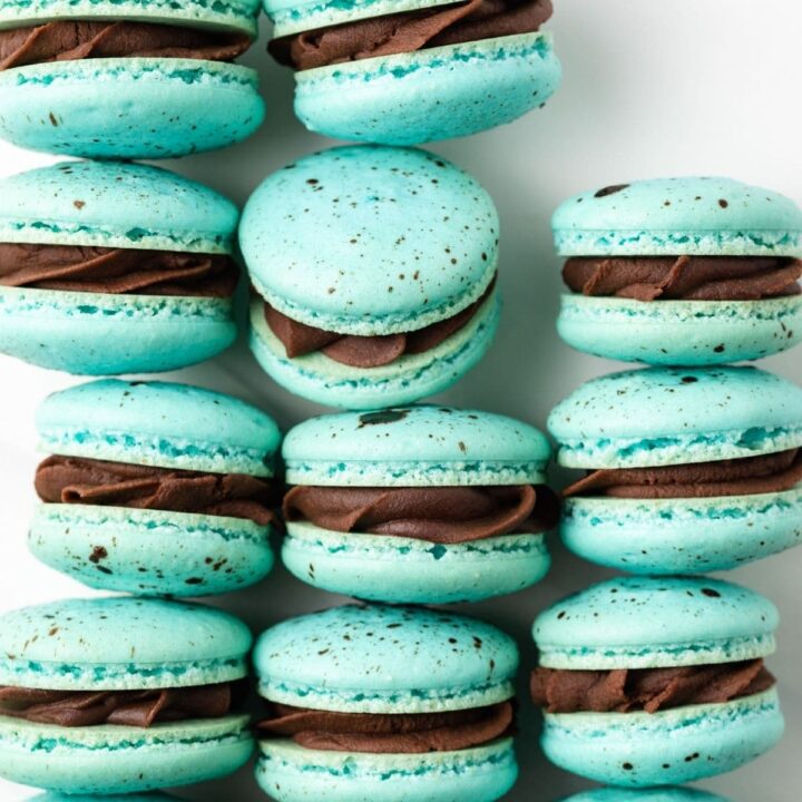 Easter macarons arranged on a white background.
