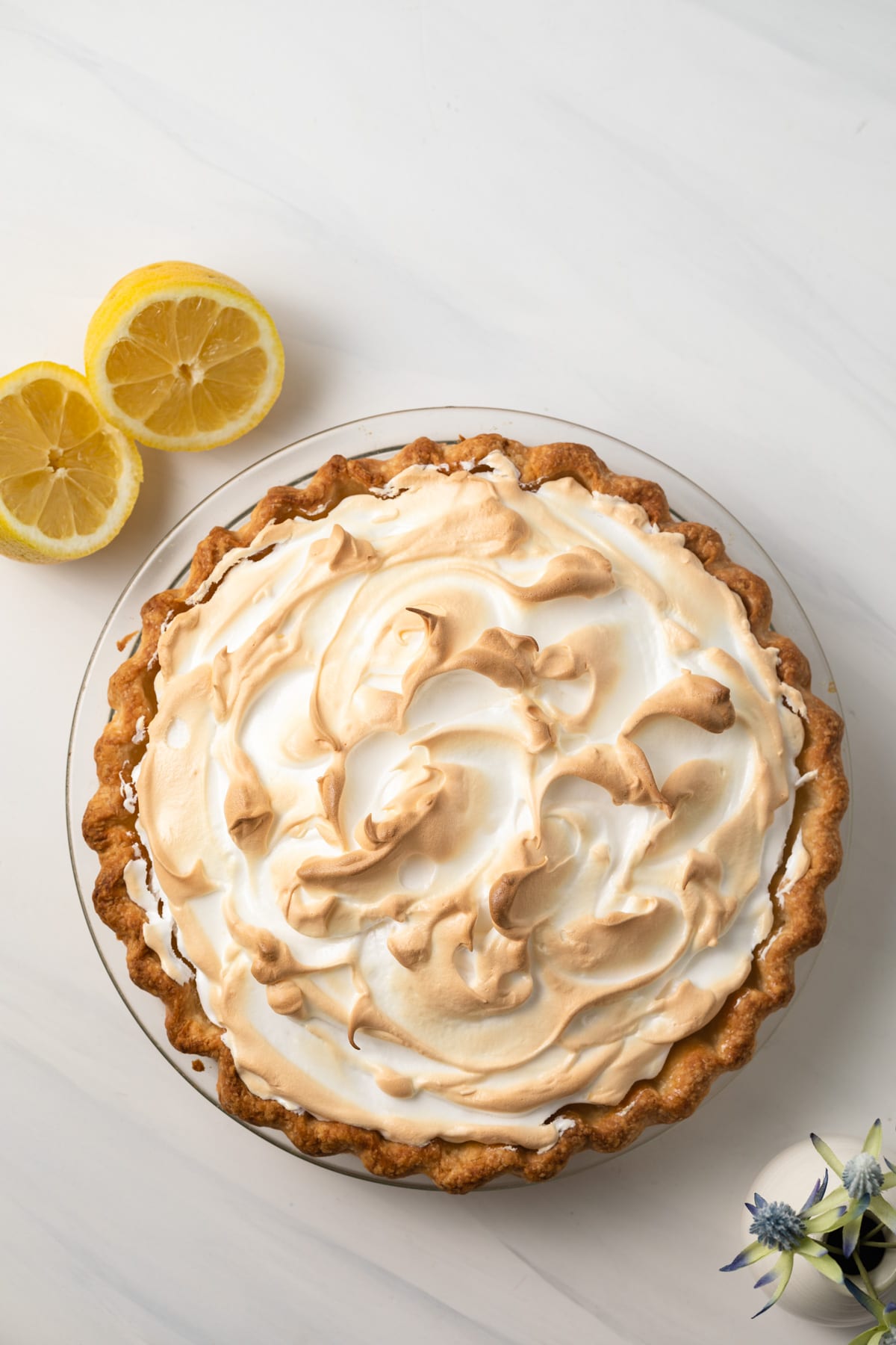 Overhead of lemon meringue pie.