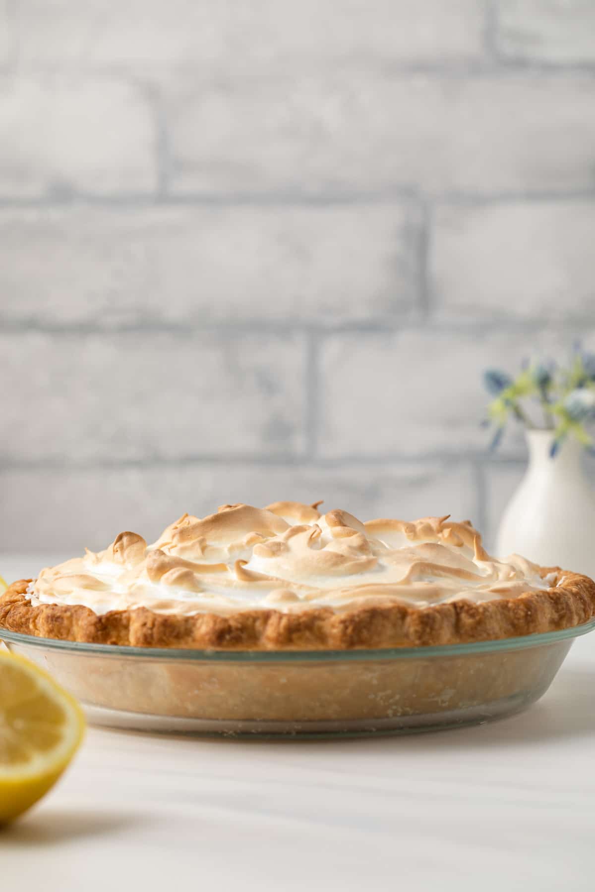 Side view of lemon meringue pie.