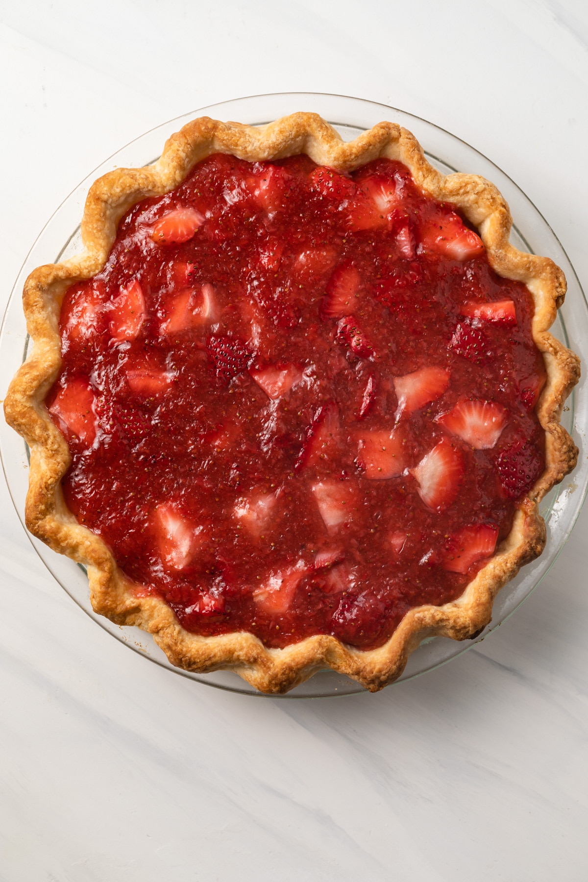 Overhead of strawberry pie.