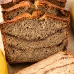 Close up of sliced cinnamon swirl banana bread.