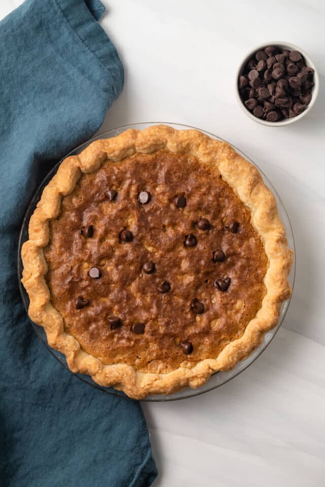 Overhead of baked chocolate chip pie.