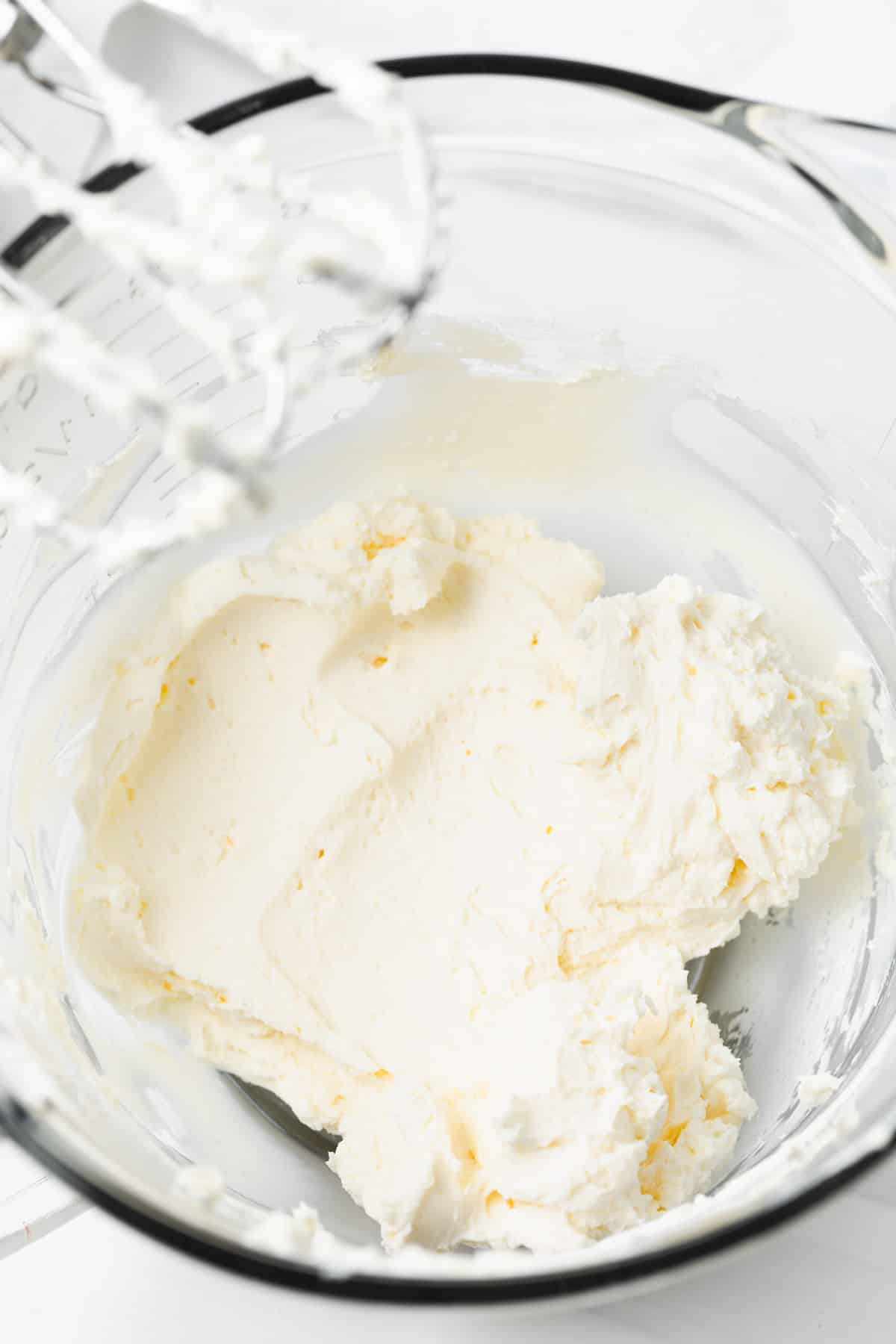 Cream cheese in mixing bowl.