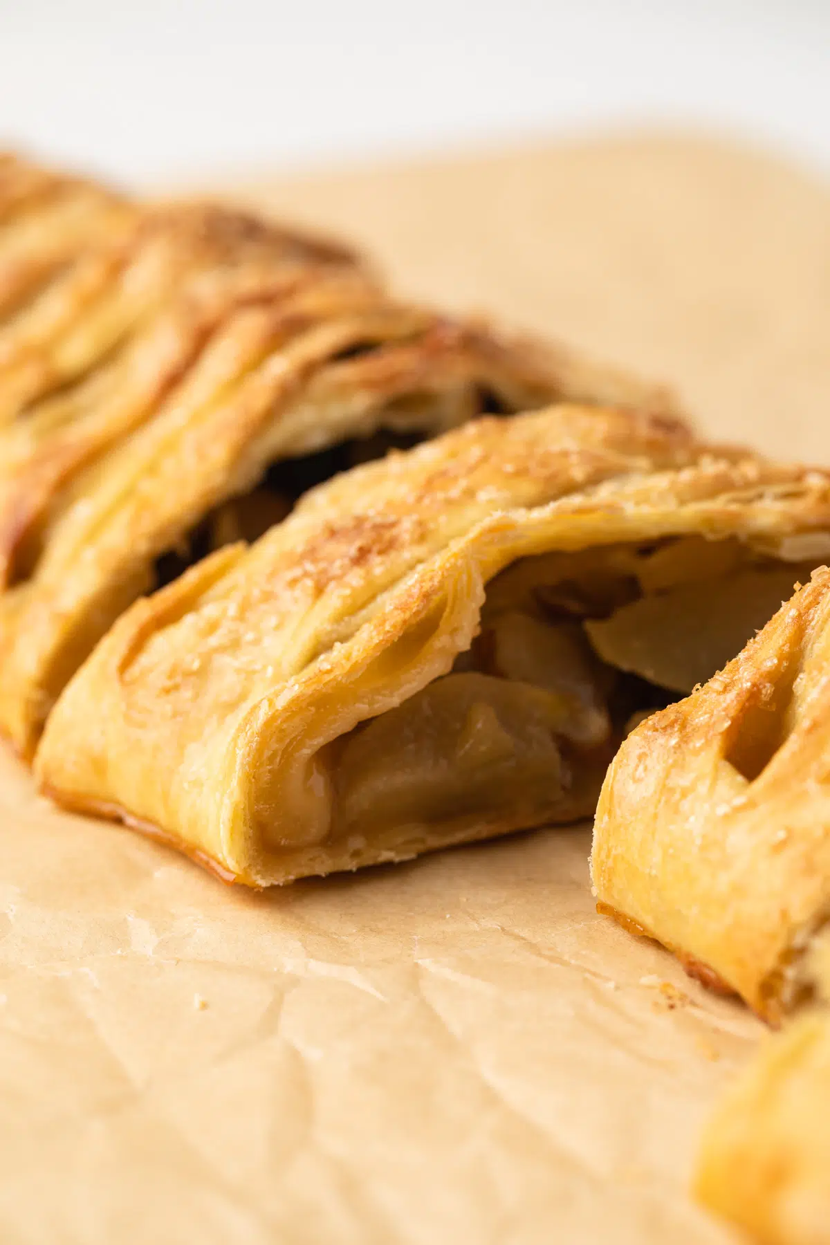 Close up of slice of apple strudel.