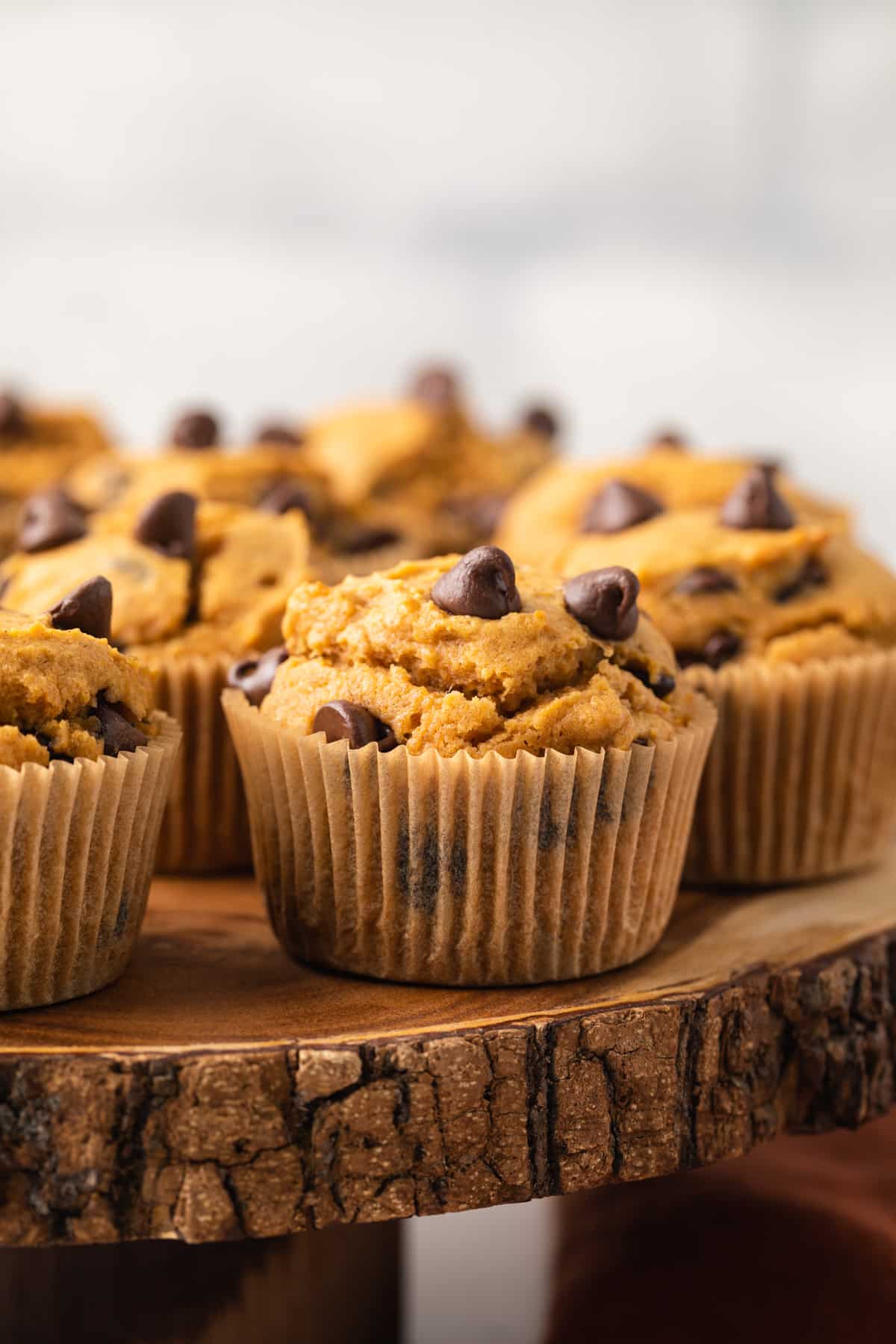 Close up view of pumpkin chocolate chip muffins.