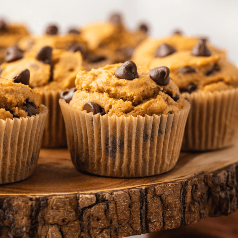 Close up view of pumpkin chocolate chip muffins.