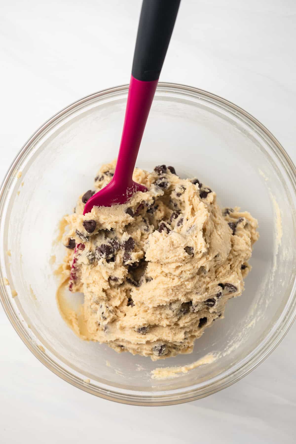 Cookie dough in a glass bowl.