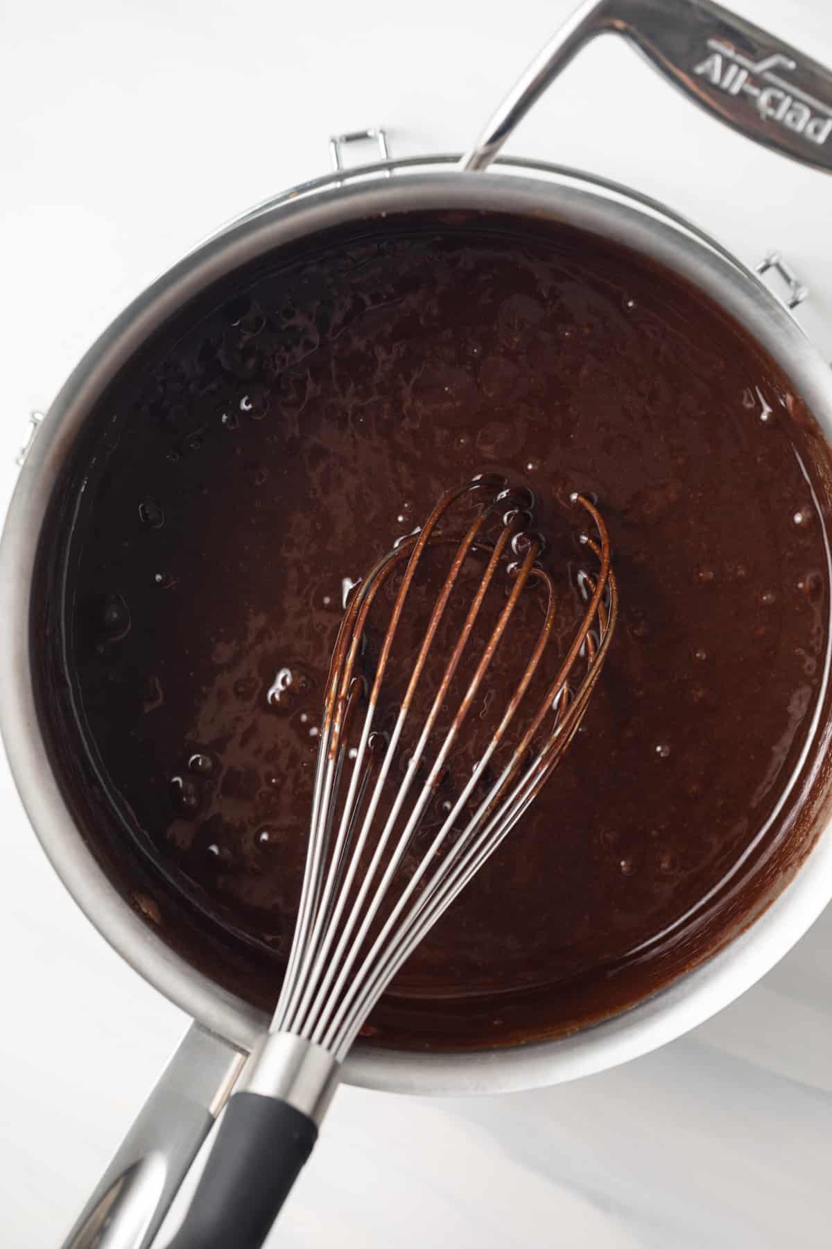 Melted chocolate in pan.