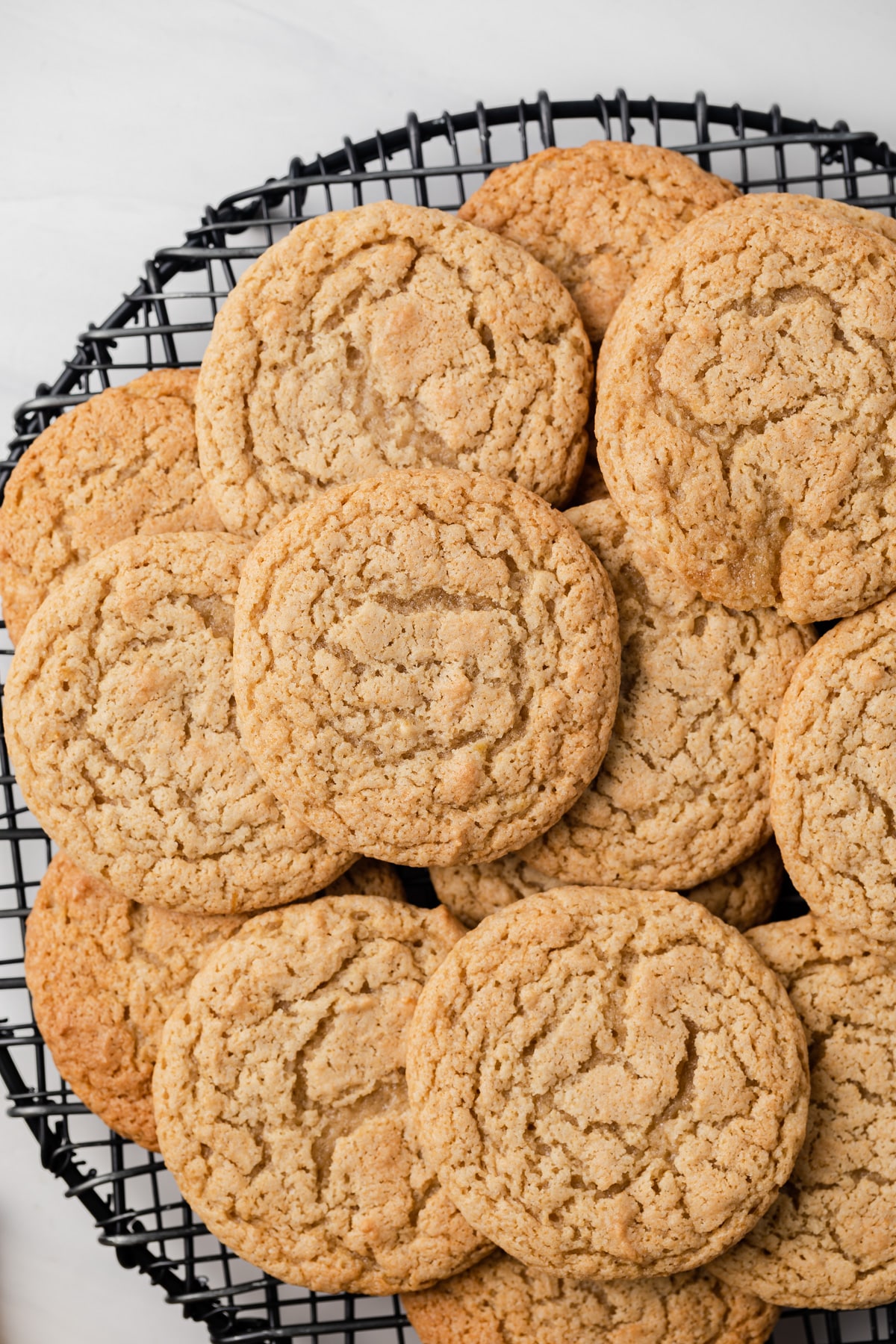 Close up of banana cookies on a cooling rack.