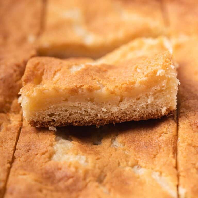 Close up of slice of gooey butter cake.
