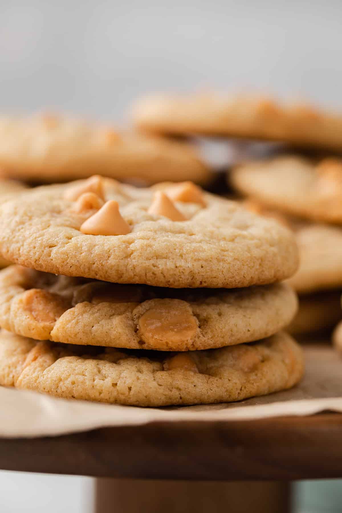 Close up of three butterscotch cookies stacked.