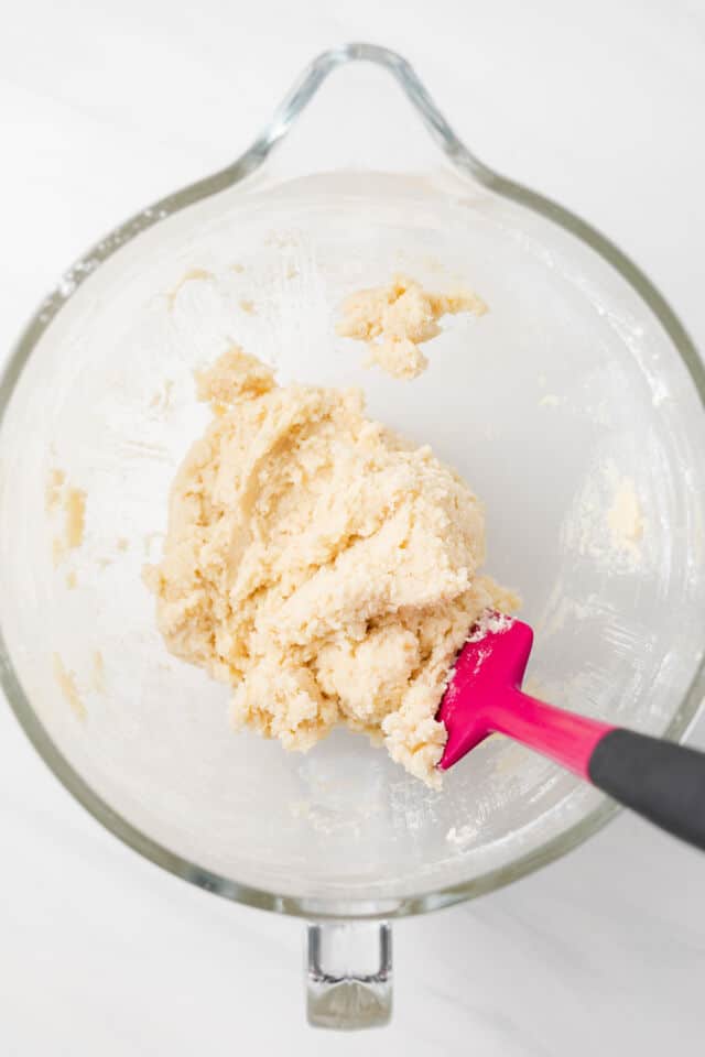 Shortbread dough in glass bowl.